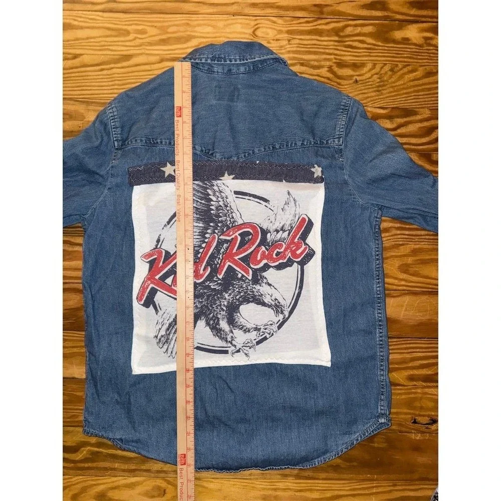 Vtg Levi's KID ROCK Women Denim Shirt‎ M Blue Graphic Pearl Snap up-cycled piece